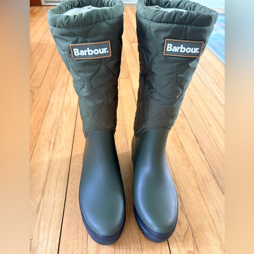 Barbour Fleece Lined Olive Green Quilted Rain Boots